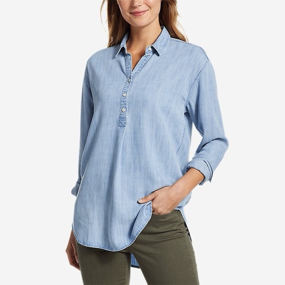 EDDIE BAUER | Mineral Wash Blue and White 1/4 Button Up Long Sleeve Top - Sm - Picture 8 of 8
